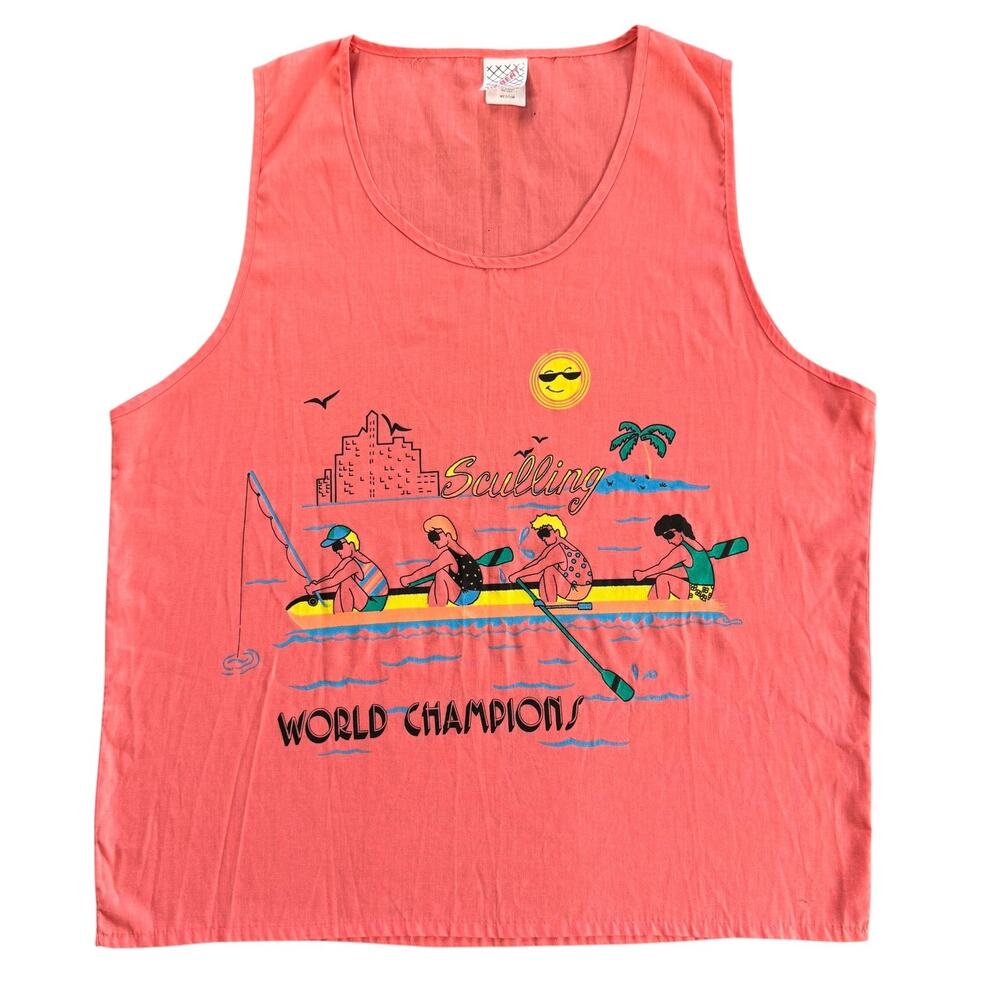 VTG UP-BEAT Sculling Crew Tank Top M Retro Rowing Fishing Beach Graphic USA